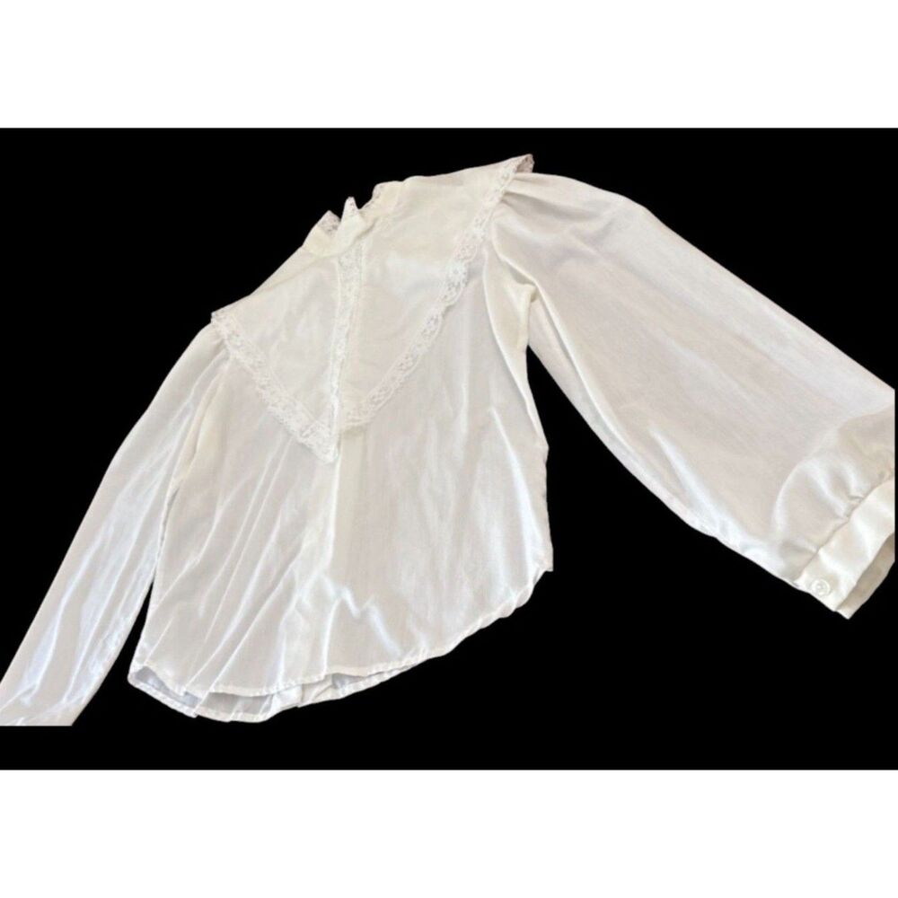 Vtg 70s White Victorian Prairie Blouse Fits M Lace Bib Back Button Union Made